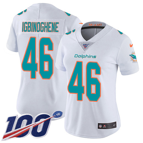 Nike Miami Dolphins #46 Noah Igbinoghene White Women Stitched NFL 100th Season Vapor Untouchable Limited Jersey->women nfl jersey->Women Jersey